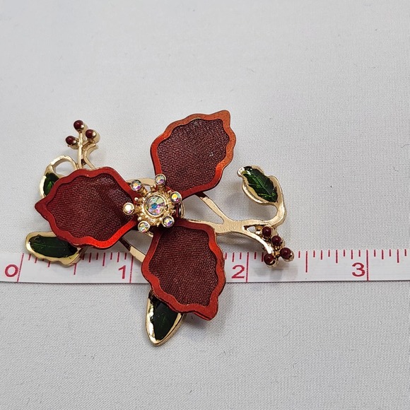 Kenneth Cole Red Mesh Poinsettia Brooch Pin Holiday Christmas Enamel Rhinestone - Picture 5 of 5